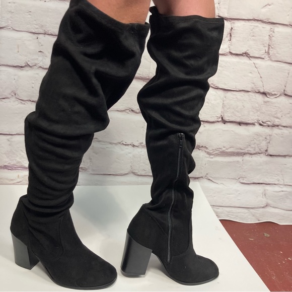Just Fab Larken Faux Suede Over the Knee Black Boots SZ 8.5 Chunky Heel Side Zip - Picture 4 of 11